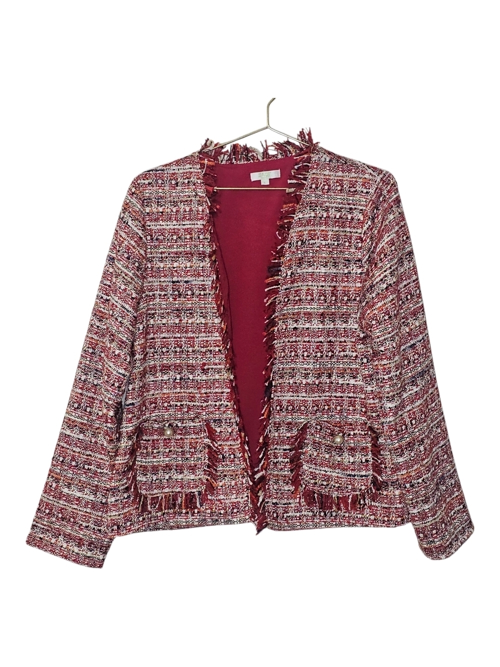 Jade Melton Tweed Jacket Size L Burgundy Fringed Open Front Pearl Button Detail